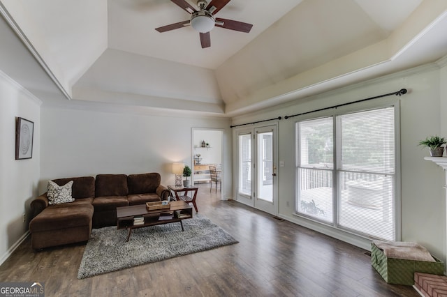 2005 Ashton Pointe Dr, Dacula, GA 30019 - living room with a ceiling fan, a raised ceiling, wood finished floors, and baseboards