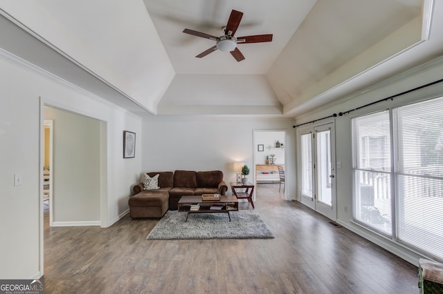 2005 Ashton Pointe Dr, Dacula, GA 30019 - living area featuring wood finished floors, ceiling fan, a raised ceiling, baseboards, and lofted ceiling