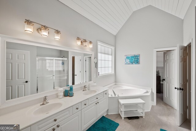 2995 Barimore Pl, Dacula, GA 30019 - bathroom featuring lofted ceiling, a stall shower, double vanity, a garden tub, and wooden ceiling