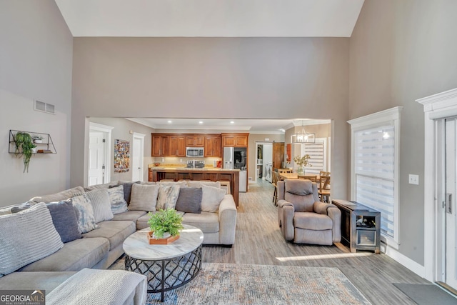 2717 Old Eastman Rd, Cadwell, GA 31009 - living room with high vaulted ceiling, light wood-type flooring, crown molding, a chandelier, and baseboards