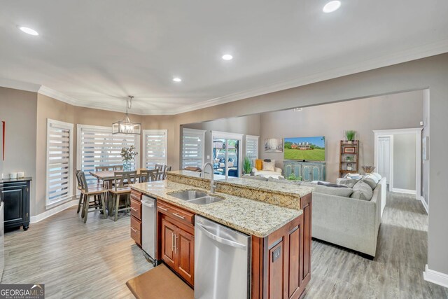 2717 Old Eastman Rd, Cadwell, GA 31009 - kitchen featuring a sink, stainless steel dishwasher, light wood-type flooring, ornamental molding, and baseboards