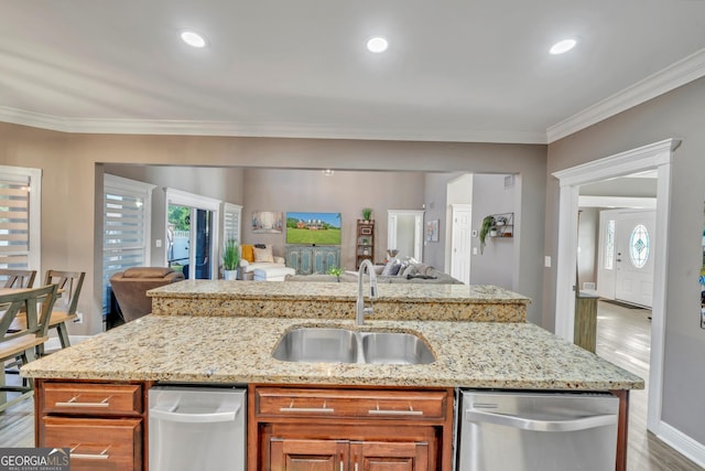 2717 Old Eastman Rd, Cadwell, GA 31009 - kitchen featuring a sink, stainless steel dishwasher, open floor plan, brown cabinets, and crown molding