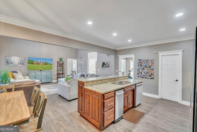 2717 Old Eastman Rd, Cadwell, GA 31009 - kitchen with a sink, dishwasher, brown cabinetry, crown molding, and light wood finished floors