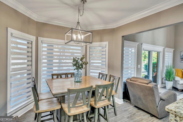 2717 Old Eastman Rd, Cadwell, GA 31009 - dining space featuring ornamental molding, a chandelier, light wood finished floors, and baseboards