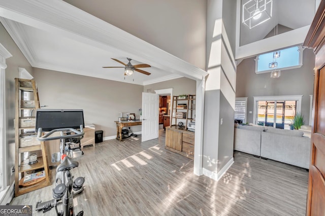 2717 Old Eastman Rd, Cadwell, GA 31009 - living area featuring a desk, wood finished floors, a ceiling fan, baseboards, and crown molding