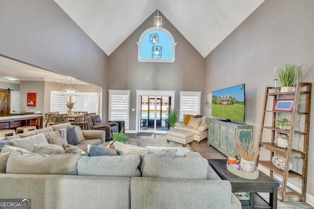2717 Old Eastman Rd, Cadwell, GA 31009 - living room with high vaulted ceiling, wood finished floors, and a barn door