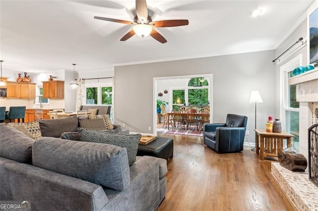 2220 Cape Courage Way, Suwanee, GA 30024 - living area with ceiling fan, wood finished floors, ornamental molding, a fireplace, and baseboards