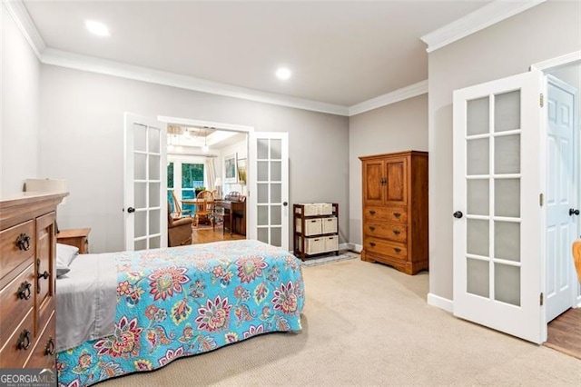 2220 Cape Courage Way, Suwanee, GA 30024 - bedroom featuring french doors, crown molding, carpet, recessed lighting, and baseboards