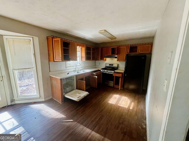 43 Oak Landing Cir, Douglasville, GA 30134 - kitchen featuring stainless steel range with gas cooktop, freestanding refrigerator, under cabinet range hood, open shelves, and dark wood-style flooring
