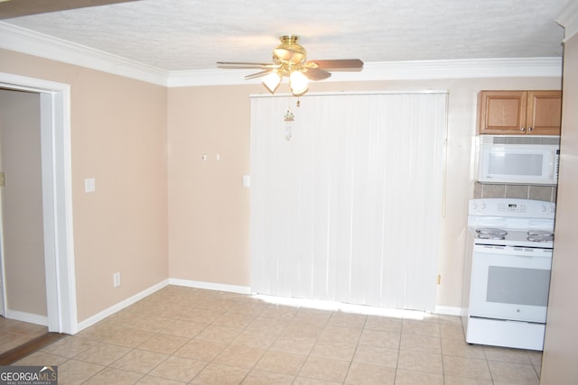3400 Scott Dr, Austell, GA 30106 - kitchen with white appliances, a ceiling fan, ornamental molding, and light tile patterned floors