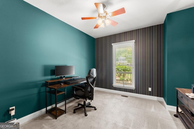 149 Highland Rd S, Dahlonega, GA 30533 - office space with baseboards, an accent wall, carpet, and ceiling fan
