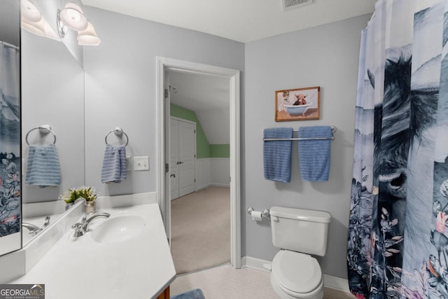 149 Highland Rd S, Dahlonega, GA 30533 - full bath featuring vanity, toilet, vaulted ceiling, baseboards, and curtained shower