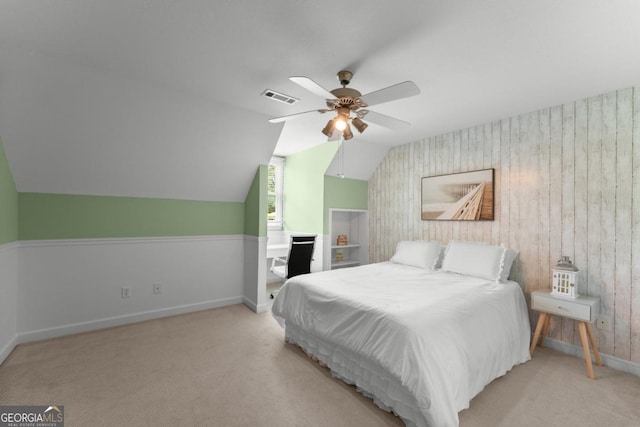 149 Highland Rd S, Dahlonega, GA 30533 - bedroom featuring carpet, baseboards, lofted ceiling, a ceiling fan, and wooden walls