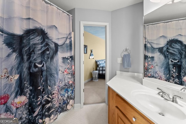 149 Highland Rd S, Dahlonega, GA 30533 - full bath with vanity, a shower with shower curtain, and baseboards