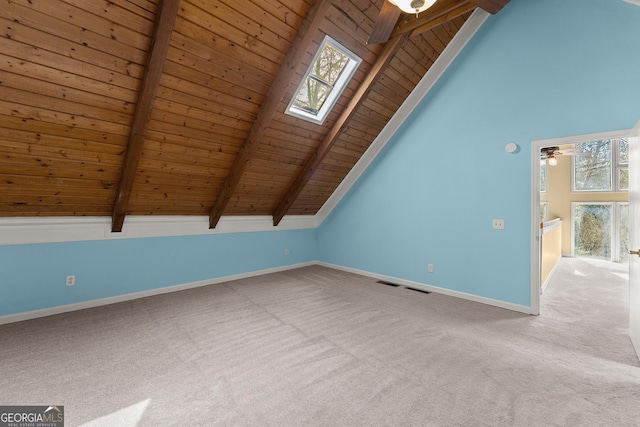405 Cedar Hollow Rd Unit 2, Cleveland, GA 30528 - additional living space with a ceiling fan, carpet, wood ceiling, baseboards, and a skylight