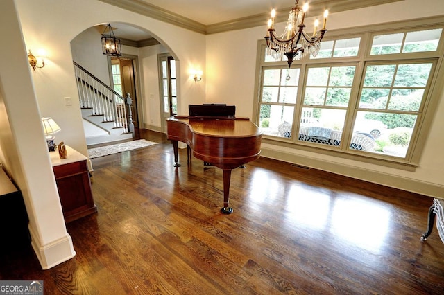 1178 Chambord Way NE, Brookhaven, GA 30319 - office space with arched walkways, a chandelier, ornamental molding, and dark wood finished floors
