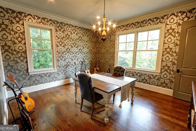1178 Chambord Way NE, Brookhaven, GA 30319 - dining room featuring wallpapered walls, dark wood-style flooring, crown molding, and a chandelier