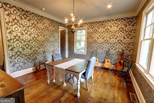 1178 Chambord Way NE, Brookhaven, GA 30319 - dining space featuring wallpapered walls, wood finished floors, a chandelier, and ornamental molding
