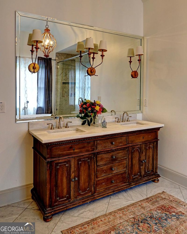 1178 Chambord Way NE, Brookhaven, GA 30319 - bathroom with a chandelier, double vanity, baseboards, and a stall shower