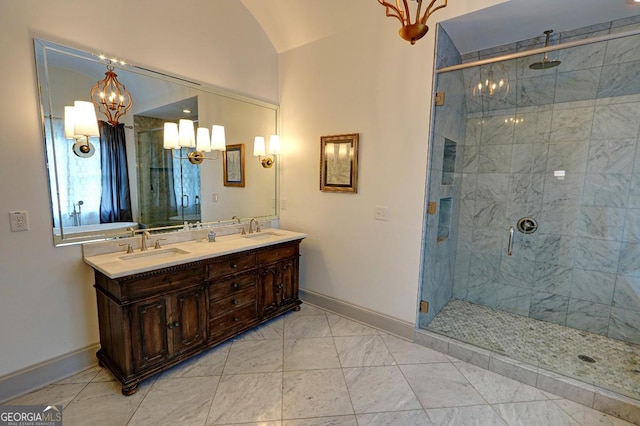 1178 Chambord Way NE, Brookhaven, GA 30319 - full bath with a chandelier, double vanity, a shower stall, lofted ceiling, and marble look tiles