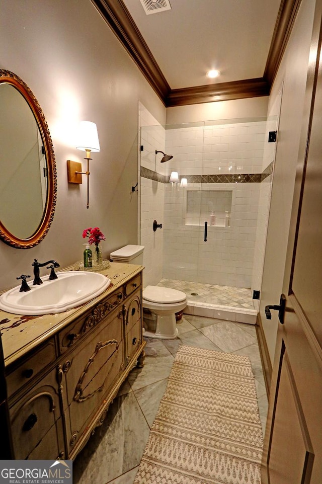 1178 Chambord Way NE, Brookhaven, GA 30319 - full bathroom featuring crown molding, vanity, toilet, and a shower stall