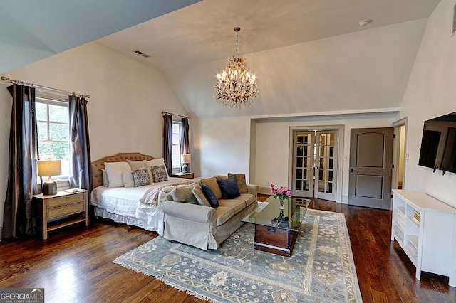 1178 Chambord Way NE, Brookhaven, GA 30319 - bedroom with a chandelier, multiple windows, dark wood-style flooring, and high vaulted ceiling