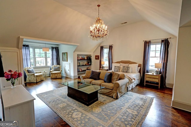 1178 Chambord Way NE, Brookhaven, GA 30319 - living room with vaulted ceiling, a chandelier, and dark wood-style flooring