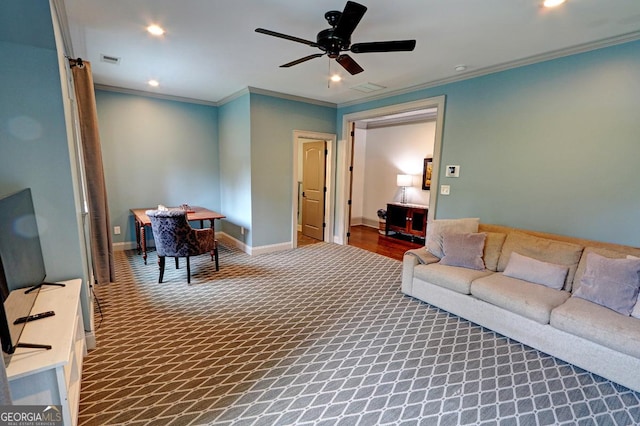 1178 Chambord Way NE, Brookhaven, GA 30319 - living room featuring ornamental molding, recessed lighting, carpet flooring, and ceiling fan