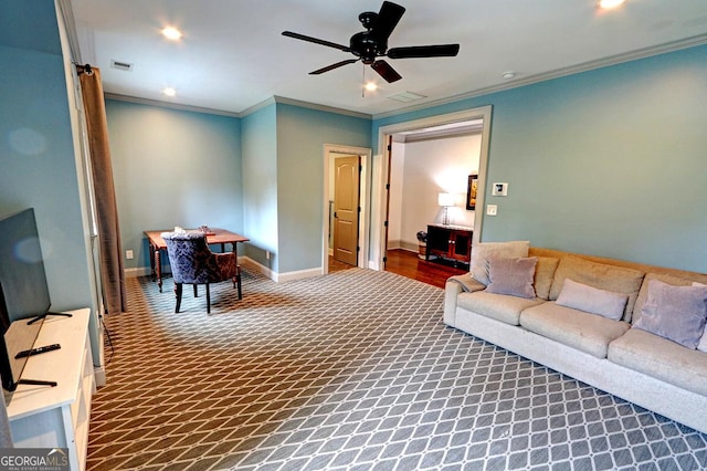 1178 Chambord Way NE, Brookhaven, GA 30319 - living area featuring crown molding, carpet floors, recessed lighting, a ceiling fan, and baseboards