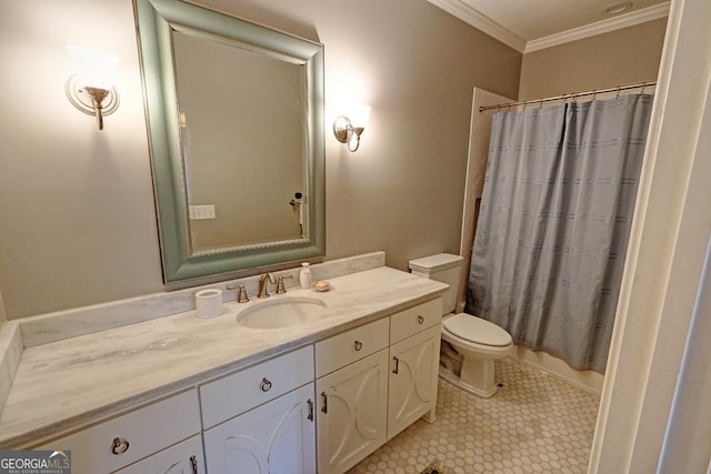1178 Chambord Way NE, Brookhaven, GA 30319 - bathroom featuring vanity, crown molding, tile patterned floors, and shower / tub combo with curtain