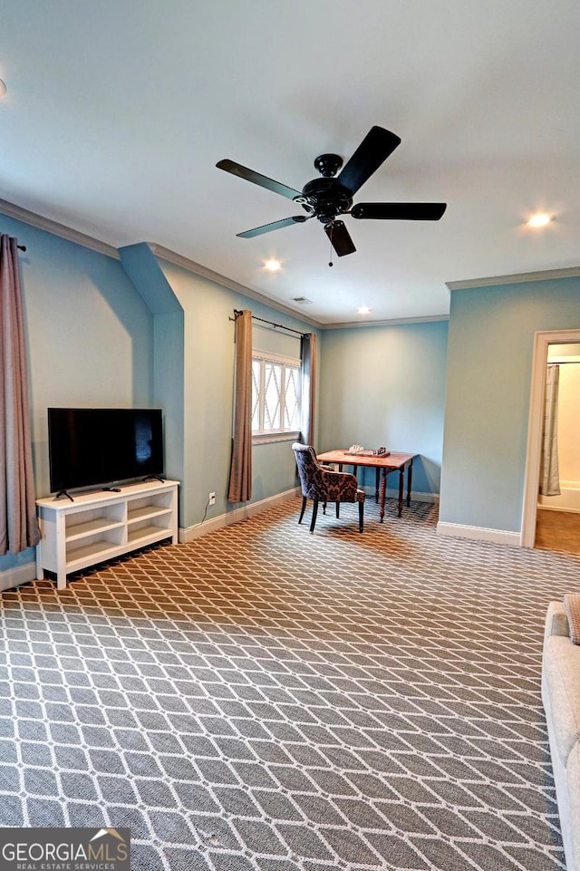 1178 Chambord Way NE, Brookhaven, GA 30319 - recreation room featuring crown molding, carpet floors, baseboards, a ceiling fan, and recessed lighting
