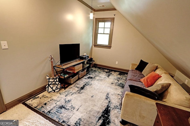 1178 Chambord Way NE, Brookhaven, GA 30319 - living area featuring baseboards, crown molding, and vaulted ceiling