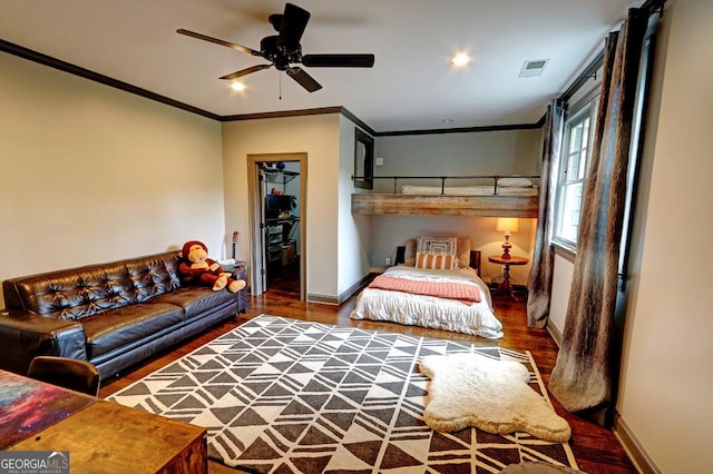 1178 Chambord Way NE, Brookhaven, GA 30319 - bedroom with crown molding, baseboards, wood finished floors, a ceiling fan, and recessed lighting