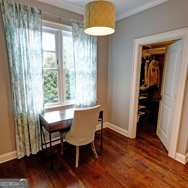 1178 Chambord Way NE, Brookhaven, GA 30319 - dining area featuring dark wood-style floors, crown molding, baseboards, and healthy amount of natural light
