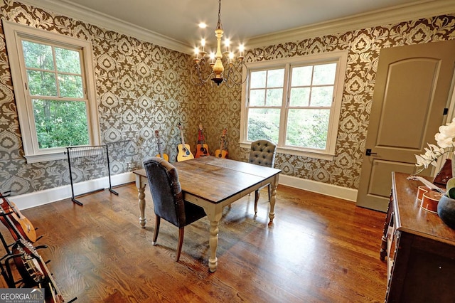 1178 Chambord Way NE, Brookhaven, GA 30319 - dining space featuring wallpapered walls, wood finished floors, baseboards, a chandelier, and ornamental molding