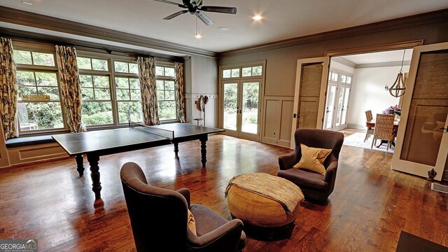 1178 Chambord Way NE, Brookhaven, GA 30319 - game room with french doors, ornamental molding, a decorative wall, plenty of natural light, and ceiling fan