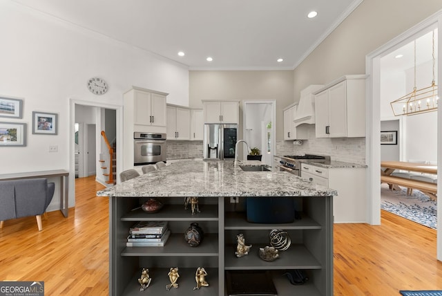 1421 Lane Creek Dr, Bishop, GA 30621 - kitchen featuring open shelves, stainless steel appliances, white cabinetry, backsplash, and crown molding