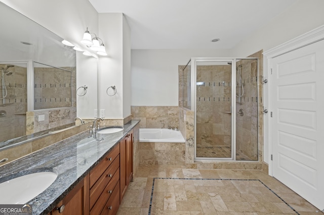 100 Oboe Ct, Ellijay, GA 30540 - full bathroom featuring a garden tub, double vanity, a stall shower, and stone tile floors