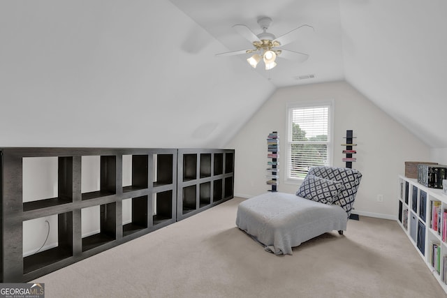 1304 Swallows Walk, Grayson, GA 30017 - living area with lofted ceiling, carpet, ceiling fan, and baseboards