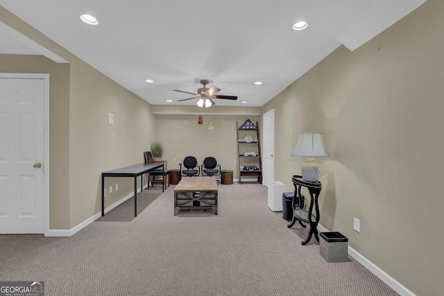 1304 Swallows Walk, Grayson, GA 30017 - living area featuring carpet flooring, ceiling fan, recessed lighting, and baseboards