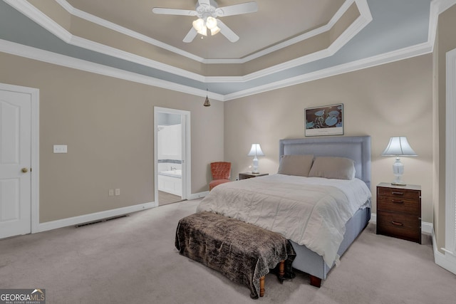 1304 Swallows Walk, Grayson, GA 30017 - bedroom featuring carpet, a tray ceiling, crown molding, baseboards, and ensuite bathroom