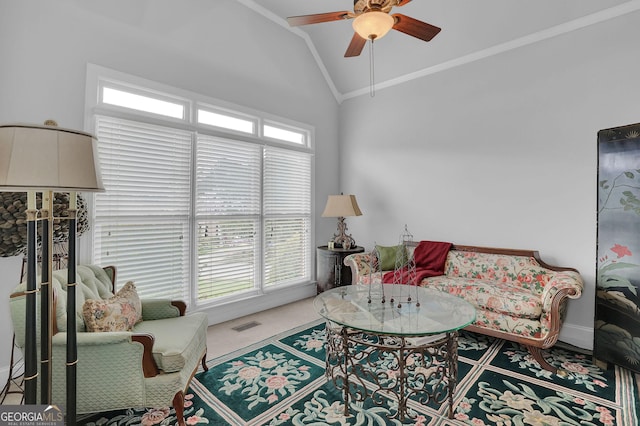 1304 Swallows Walk, Grayson, GA 30017 - living area featuring lofted ceiling, ceiling fan, ornamental molding, and baseboards