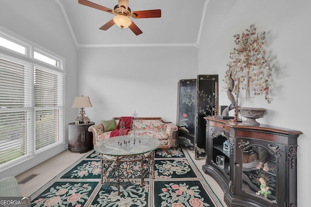 1304 Swallows Walk, Grayson, GA 30017 - living area with vaulted ceiling, ceiling fan, and crown molding