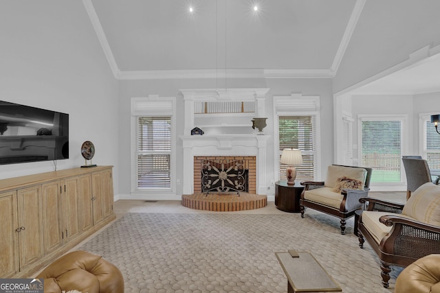 1304 Swallows Walk, Grayson, GA 30017 - living room with vaulted ceiling, ornamental molding, a fireplace, and baseboards