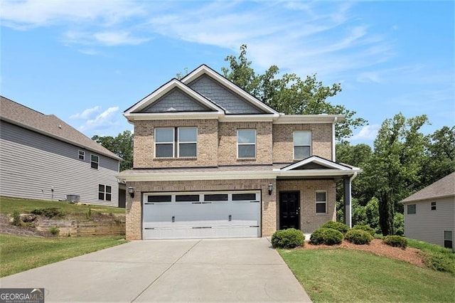 422 Dublin Way, Dallas, GA 30132 - view of front of property with brick siding, a front yard, concrete driveway, and a garage
