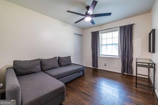 2849 Crescendo Dr, Atlanta, GA 30318 - living room with wood finished floors, ceiling fan, and baseboards