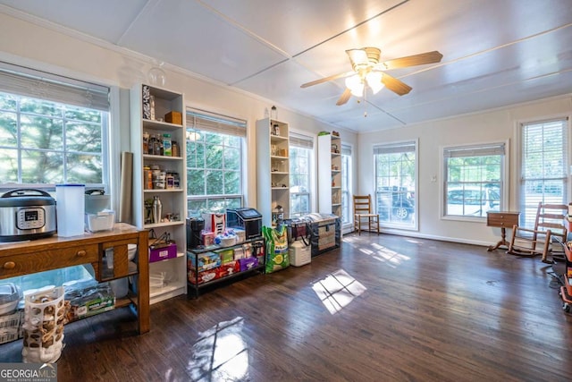2849 Crescendo Dr, Atlanta, GA 30318 - game room featuring a ceiling fan, ornamental molding, healthy amount of natural light, wood finished floors, and baseboards