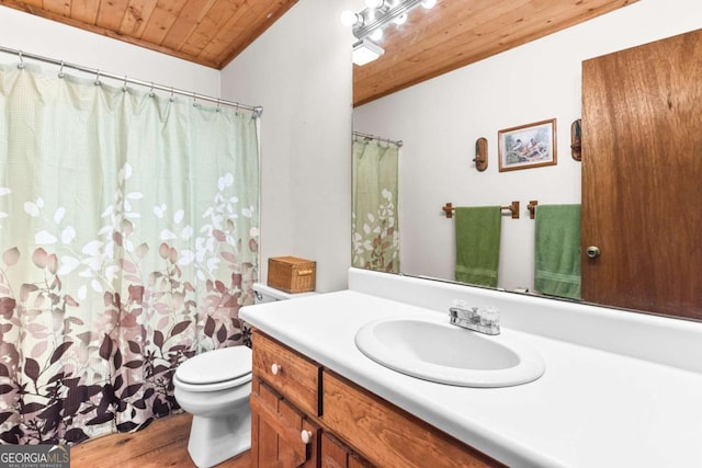 62 Nocona Trl, Ellijay, GA 30536 - full bathroom with wooden ceiling, vanity, toilet, wood finished floors, and a shower with shower curtain