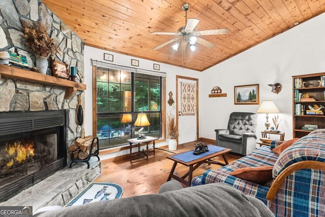 62 Nocona Trl, Ellijay, GA 30536 - living room with wood ceiling, hardwood / wood-style floors, lofted ceiling, ceiling fan, and baseboards