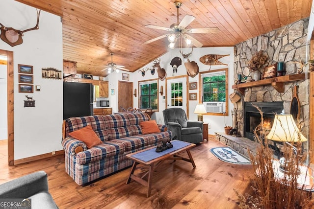 62 Nocona Trl, Ellijay, GA 30536 - living area with ceiling fan, wood ceiling, wood-type flooring, lofted ceiling, and a stone fireplace
